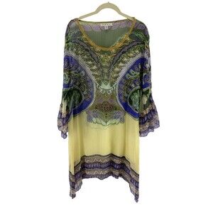 CAbi Silk Tunic Top Bell Sleeve Sheer Purple Yellow Green Floral Womens Medium